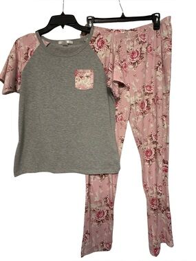 Flora by Flora Nikrooz Pajama Set S Pink Floral Pants & Gray Tee Cozy Lounge